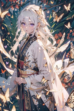 1 girl, solo, (long white hair), sparkling purple eyes, detailed eyes, white silk hanfu, iridescent silk, outdoor background, open clothes, loose clothes, butterfly hairpiece, barefeet, botanic garden, blushing, soft expression, nature, picturesque, ancient chinese robe , standing, butterflies, soft expression , clear eyes, butterflies, bright eyes, detailed eyes, (close-up),butterfly, butterfly_wings,High detailed ,fantasy00d,More Detail, short robe, ((butterfly swarm)), glowing wings, close_up, shiny white robe,Chinese style, white hair