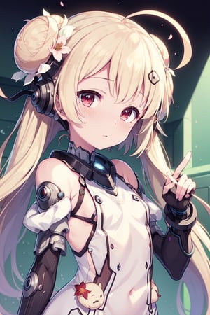 ,perfect,hand,fingers, cyber dress,  puffy sleeves,  long sleeves,  long hair,  twin buns,  shiny skin,  loose hair,    happy,  dreamy,  pastel,  flower detail,  bright eyes, no sleeves, helmet, cyber theme, detailed,hackedtech