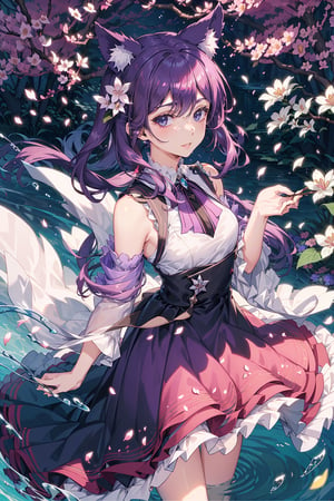 long fluffy purple dress, lilac hair, flowing attire, shimmering purple eyes,   solo,nature background, kemonomimi,  perfect anatomy, modest outfit, layered dress, happy expression, colourful dress, water splash, cherry blossom forest, water bubbles, sparkling sunshine, ((pink and purple hair)), perfect hands, head to shoulders, close up, layered skirt, flowers