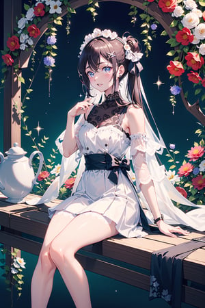 masterpiece, best quality, 1 girl, flowers, floral background, nature, pose, perfect hands, modern outfit, detailed, sparkling, sitting, lace detail, long hair, ultra detailed, ultra detailed face, clear eyes, good lighting,, perfect anatomy, stylish outfit, different hairstyles, hair ribbons