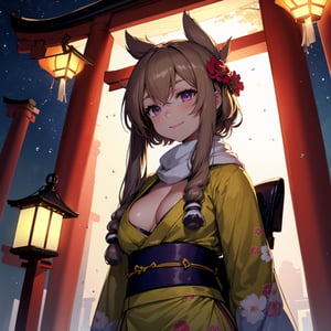 1 girl, colourful kimono, lantern pathway, torii, starry sky, from below, yellow obi, floral kimono, bright clothes, glowing lanterns, jewelery, modest cleavage, happy expression, brown hair, glowing flowers in hair, raindrops, glittering raindrops,warspite