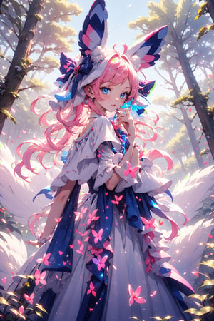 sylveon, human, pink hair, ribbons, fairy-like appearance, long pink hair, blue eyes, frilly outfit, hearts, white dress,coloured glaze,fairy, daytime, forest background, wide angle, sylveon on shoulder, long wavy hair