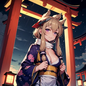 1 girl, colourful kimono, lantern pathway, torii, cloudy sky, from below, yellow obi, floral kimono, bright clothes, glowing lanterns, jewelery, modest cleavage, happy expression, brown hair, glowing flowers in hair, raindrops, glittering raindrops,warspite, raining