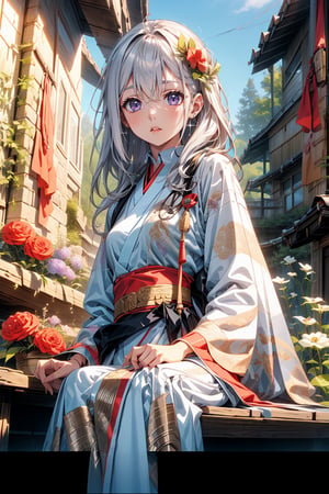 1 girl, solo, long white hair, shiny purple eyes, detailed eyes, blink and youll miss it detail, silk hanfu, white robe hanfu, purple glittering butterflies, ancient flower garden, sitting, high quality, ancient chinese hanfu, vibrant background, very detailed, vibrant butterfies , ,iridescent clothing, very long hair, purple eyes, very white hair