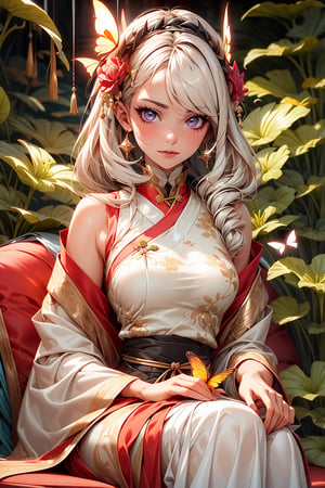 1 girl, solo, long white hair, shiny purple eyes, detailed eyes, blink and youll miss it detail, silk hanfu, white robe hanfu, purple glittering butterflies, ancient flower garden, sitting, high quality, ancient chinese hanfu, vibrant background, very detailed, vibrant butterfies , ,iridescent clothing, butterfly hairpiece ,perfect light