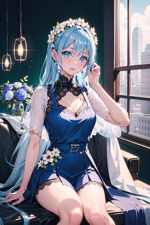 masterpiece, best quality, 1 girl, flowers, floral background, nature, pose, perfect hands, modern outfit, detailed, sparkling, sitting, lace detail, long hair, ultra detailed, ultra detailed face, clear eyes, good lighting, pale blue hair, blue eyes, lace hairpiece, perfect hands