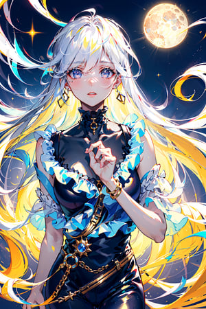 loose blouse, frilly, ruffles, golden hair pins, sparkling eyes, floating_hair, white hair, light hair, moon in background, moonlight, perfect hands
