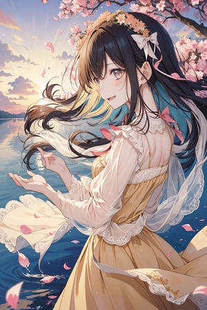 1 girl, shiny hair, loose hair, blushing, hair_ribbons, smiling, shiny eyes, wet skin, surprised expression, detailed, high resolution,aakitasan,very long hair),CarnelianDakimakura, petals flying around, sunrise, sunny day, wide shot, cherry blossom petals, petals in hair, pastel colours, soft colours, black hair, profile, long summer dress, light colored hair