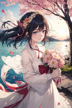 1 girl, shiny hair, loose hair, blushing, hair_ribbons, smiling, shiny eyes, wet skin, surprised expression, detailed, high resolution, (shoulder length hair),CarnelianDakimakura, petals flying around, sunrise, sunny day, wide shot, cherry blossom petals, petals in hair, pastel colours, soft colours, black hair, profile, long summer dress, gazing out at beach