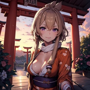 1 girl, colourful kimono, lantern pathway, torii, sunset, yellow obi, floral kimono, bright clothes, glowing lanterns, jewelery, modest cleavage, happy expression, brown hair, glowing flowers in hair, raindrops, glittering raindrops,warspite, raining