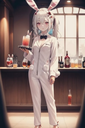1 girl, solo, long hair, detailed eyes, bar background, blushing, soft expression, standing, blushing, clear eyes, bright eyes, detailed eyes, perfect light,hime style, aalaffey, high heels, disco flooring, spoltlight,animal ears, bunny outfit, blue bunnysuit, pig tails, small breasts, perfect anatomy, holding tray of drinks, bar, wavy pigtails, fluffy hair, perfect hands, onesie, bunny tail, good lighting, add brightness