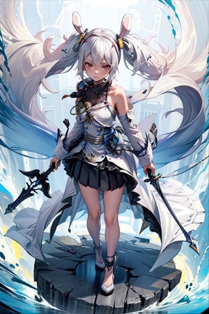 1 girl, solo, long hair, detailed eyes, blushing, soft expression, standing, blushing, clear eyes, bright eyes, detailed eyes, (close-up),High detailed ,perfect light ,aalaffey, high heels, animal ears, perfect hair, floating hair, splash art, torn clothing,sword in ground, perfect hands, ornate sword, skirt, shoulder pads