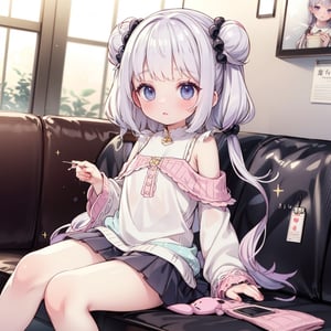 loose hair, casual clothes, short skirt, wavy twin tails, flying hair, oversized shirt blushing, detailed, complex bg, off the shoulder blouse, jewelry, sparkling eyes, natural makeup, lounge, front view, smiling,colorfulmix,multicolored hair,wavy hair, double bun, twintails,parted bangs,Kanna Kamui, on sofa, bored expression