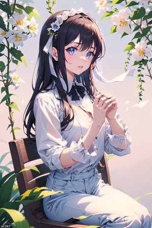 masterpiece, best quality, 1 girl, flowers, floral background, nature, pose, perfect hands, modern outfit, detailed, sparkling, sitting, lace detail, long hair, ultra detailed, ultra detailed face, clear eyes, good lighting,, perfect anatomy, stylish white outfit, different hairstyles, hair ribbons, front view, (perfect hands)