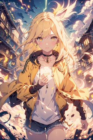 1 girl, solo, eevee, short blonde hair,  golden yellow eyes, stylish yellow outfit, yellow biker jacket, fluffy collar, cityscape background, dynamic pose, grinning, shiny eyes, different hairstyle, human, ,thundermagic, lightning in hands, electrical current in eyes, sparks