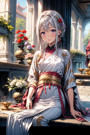 1 girl, solo, long white hair, shiny purple eyes, detailed eyes, blink and youll miss it detail, silk hanfu, white robe hanfu, purple glittering butterflies, ancient flower garden, sitting, high quality, ancient chinese hanfu, vibrant background, very detailed, vibrant butterfies , ,iridescent clothing