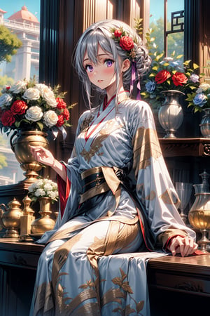 1 girl, solo, long white hair, shiny purple eyes, detailed eyes, blink and youll miss it detail, silk hanfu, white robe hanfu, purple glittering butterflies, ancient flower garden, sitting, high quality, ancient chinese hanfu, vibrant background, very detailed, vibrant butterfies , ,iridescent clothing