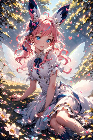 sylveon, human, pink hair, ribbons, fairy-like appearance, long pink hair, blue eyes, frilly outfit, hearts, white dress,coloured glaze,fairy,perfect, daytime, sunny, bright sunlight, laying down in pretty meadow, meadow background