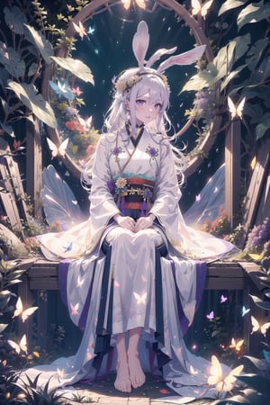 1 girl, solo, long white hair, shiny purple eyes, detailed eyes, silk hanfu, white robe hanfu, purple glittering butterflies, ancient flower garden, sitting, high quality, ancient chinese hanfu, very detailed, vibrant butterfies , ,iridescent clothing, butterfly hairpiece ,perfect light, surrounded by tall grass, lovely ,coloured glaze, rabbit, ((rabbit)), barefeet, 30 year old woman, mature woman, (small rabbit, head shot, ((glowing butterflies)), perfect anatomy