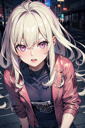 platinum_blonde_hair, pink eyes, neon jacket