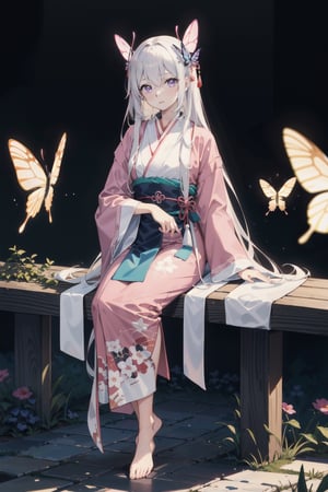 1 girl, long white hair, sparkling purple eyes, detailed eyes, (bright pink silk hanfu, iridescent silk), outdoor background, open clothes, loose clothes, butterfly hairpiece, barefeet, botanic garden, blushing, soft expression, nature, picturesque, ancient chinese robe , standing, butterflies, smiling, clear eyes, butterflies, bright eyes, detailed eyes, (close-up), sitting, garden, two butterfly wings, colourful butterfly wings, white hair, pink hanfu, pink robe, ruins, starry sky, (pink robe), starry