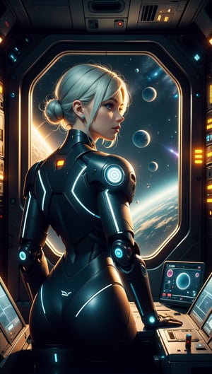 closeup photo of a beautiful android super soldier,deadly military cyborg, futuristic black armor, short white hair, looking out window, cyberpunk, space station nighttime setting,Futuristic room