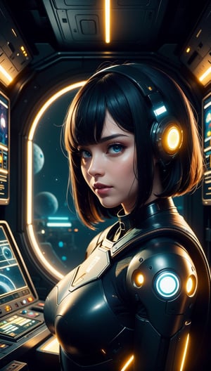 closeup photo of a beautiful android super soldier,deadly military cyborg, futuristic sexy black armor, short hair, looking at viewer, cyberpunk, space station nighttime setting,Futuristic room