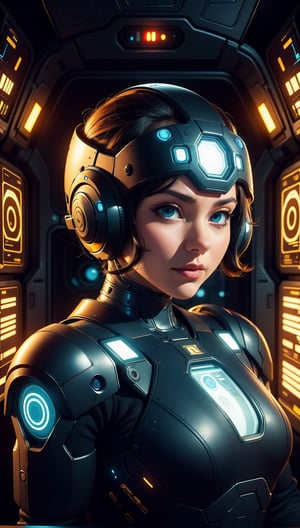 closeup photo of a beautiful android super soldier,deadly military cyborg, futuristic sexy black armor, short hair, looking at viewer, cyberpunk, space station nighttime setting,Futuristic room