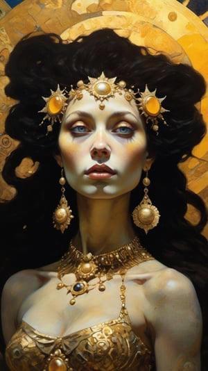 detailed oil painting, detailed fantasy illustration, a stunning masterpiece, gold filigree, hi res, 8 k, closeup portrait of a female fantasy character, mythological solar diety, medieval background, art by Frazetta, art by Klimt