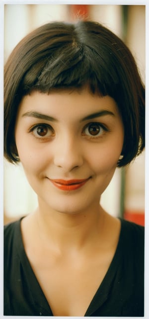 (Analogue/Beauty/Modernist photograph:1.3) of (Amélie Poulain from the movie Amélie:1.4). BREAK, (close up on face shot:1.2), cute smile, looking at the viewer, soft diffused lighting, eye level, (shot on Polaroid SX-70:1.4), Agfa Vista film, in the style of Ando Fuchs/Helmut Newton/August Sander/Garry Winograd/Hans Bellmer/Miko Lagerstedt/Liam Wong/Nan Goldin/Lee Friedlander, (photorealistic:1.3), vignette, highest quality, detailed and intricate, original shot, more detail XL, (amelie:1.4)