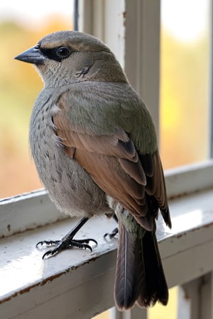 Professional photo, realistic, (female Grayish Baywing:1.3) bird sitting on an (open window:1.4) sill. BREAK It's a cute bird about 7 inches long, with (brownish-gray plumage:1.3), (the wings feathers have a reddish-brown tone:1.4). The region between the eyes and nostrils is black, it has black eyes, black legs, (short and stubby black beak:1.4), gbaywing, real_booster