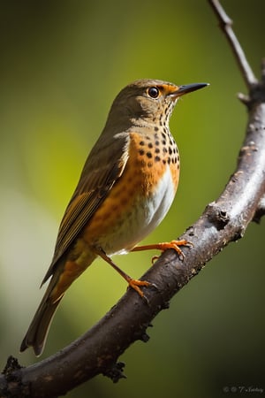 (Documentary photograph:1.3) of a Rufous-bellied Thrush. BREAK It's a frugivorous bird about 9 inches long,  with (olive-brown back and breast with an orange belly and a paler streaked throat plumage:1.5). It has black eyes with yellow eyering,  grey legs,  (long dull-yellow beak:1.5). BREAK (full body shot:1.2),  perched on a tree branch,  under direct sunlight,  creative shadow play,  eye level,  bokeh,  BREAK (shot on Canon EOS 5D:1.4),  Fujicolor Pro film,  in the style of Miko Lagerstedt/Liam Wong/Nan Goldin/Lee Friedlander,  BREAK (photorealistic:1.3), vignette,  highest quality,  detailed and intricate,  original shot, Digital painting,,