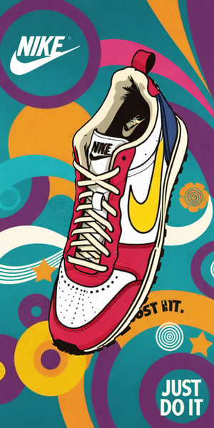 (An amazing and captivating abstract illustration:1.4), (Nike sneakers:1.2), shoe focus, no humans, (grunge style:1.1), (frutiger style:1.3), (colorful:1.3), (2004 aesthetics:1.2). BREAK (beautiful vector shapes:1.3), clouds, circles, (the text "JUST DO IT!":1.4), swirls, arrow \(symbol\), (gradient background:1.3). BREAK highest quality, sharp details, oversaturated, detailed and intricate, colorful theme, original artwork, trendy, vintage, award-winning, artint, SFW