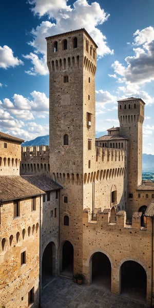 (Documentary photograph:1.3) of a wonderful (medieval castle in Italy:1.4), 14th century, (golden ratio:1.3), (medieval architecture:1.3),(mullioned windows:1.3),(stone wall:1.1), (cylindrical towers:1.3), overlooking the town, golden hour, intense blue sky with imposing cumulonimbus clouds. BREAK shot on Canon EOS 5D, (bird's eye view:1.3), Fujicolor Pro film, vignette, highest quality, original shot. BREAK Front view, well-lit, (perfect focus:1.2), award winning, detailed and intricate, masterpiece, itacstl,real_booster,,Architectural100,amazing shot
