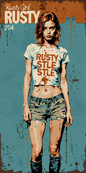 (An amazing and captivating abstract illustration:1.4), (1girl:1.3), (female focus:1.1), small breasts, t-shirt, (grunge style:1.4), (minimalistic:1.3), (2004 aesthetics:1.2), with (the text "RUSTY STYLE":1.3). BREAK rough texture, dripping paint, cracks, (wrinkled paint:1.3), dark background, (uncluttered minimalism:1.2), sharp details, muted colors. BREAK highest quality, detailed and intricate, original artwork, trendy, mixed media, vector art, (vintage:1.2), award-winning, artint, SFW,