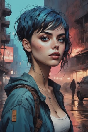 Highly detailed and hyper-realistic painting portrait of (a gorgeous petite 25-year-old woman, dark pixie haircut with long bangs, blue highlights and shaved sides, large and round forehead, upturned nose, small red mouth with pink lipstick, very similar to a 25-years-old Jenna Ortega, pale pearl skin, (curvy body:1.4), (beautiful big blue eyes:1.3), thick eyebrows, (big breasts:1.5), BREAK (posing barefeet:1.4), facing the viewer:1.2), standing in a cyberpunk post-futurist city. BREAK (aggressive and provocative expression:1.3), tough pose, (front view:1.4), looking at the viewer, (feet POV in foreground:1.8), ground level, BREAK vaporwave aesthetics, (full body shot:1.6), neon punk blue visual tone, (dark atmosphere and dull colors:1.2), eye level, bad slum in the background, BREAK muted colours, (extremely realistic and accurate:1.4), league of legends, BREAK octane render, intricate, ultra-realistic, elegant, highly detailed, digital painting, artstation, concept art, smooth, sharp focus, illustration, by ilya kuvshinov and krenz cushart, three-quarters view, sharp hard lines, brush strokes, watercolor, oil painting, ink panting, style by Agnes Cecile, Alberto Seveso, Anna Bocek, Carne Griffiths, Charlie Bowater, ink, Comic Book-Style 2d, detailmaster2, street art, graffiti,feet, feet out