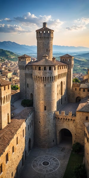 (Documentary photograph:1.3) of a wonderful (medieval castle in Italy:1.4), 14th century, (golden ratio:1.3), (medieval architecture:1.3),(mullioned windows:1.3),(stone wall:1.1), (cylindrical towers:1.3), overlooking the town, golden hour, intense blue sky with imposing cumulonimbus clouds. BREAK shot on Canon EOS 5D, (bird's eye view:1.3), Fujicolor Pro film, vignette, highest quality, original shot. BREAK Front view, well-lit, (perfect focus:1.2), award winning, detailed and intricate, masterpiece, itacstl,real_booster,,Architectural100,amazing shot,hillscastel