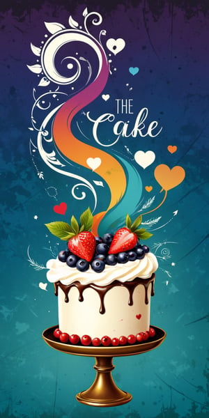 (An amazing and captivating abstract illustration:1.4), (birthday cake:1.3), cake focus, tempting appearance, (top with berries, decorated with whipped cream:1.3), food photo, (grunge style:1.2), (frutiger style:1.4), (colorful and minimalistic:1.3), (2004 aesthetics:1.2),(beautiful vector shapes:1.3), with (the text "THE CAKE IS A LIE!":1.3), text block. BREAK swirls, x \(symbol\), arrow \(symbol\), heart \(symbol\), gradient background, sharp details, muted colors. BREAK highest quality, detailed and intricate, original artwork, trendy, mixed media, vector art, vintage, award-winning, artint, SFW,Text