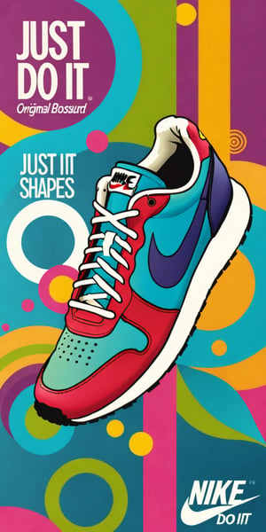 (An amazing and captivating abstract illustration:1.4), (Nike sneakers:1.2), shoe focus, no humans, (grunge style:1.1), (frutiger style:1.3), (colorful:1.3), (2004 aesthetics:1.2). BREAK (beautiful vector shapes:1.3), clouds, circles, (the text "JUST DO IT!":1.4), swirls, arrow \(symbol\), (gradient background:1.3). BREAK highest quality, sharp details, oversaturated, detailed and intricate, colorful theme, original artwork, trendy, vintage, award-winning, artint, SFW