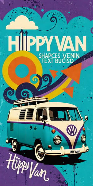 (An amazing and captivating abstract illustration:1.4), Volkswagen Type 2 van, hippy van, veichle focus, motor vehicle, no humans, (grunge style:1.1), (frutiger style:1.3), (colorful:1.3), (2004 aesthetics:1.2). BREAK (beautiful vector shapes:1.3), clouds, swirls, (arrow \(symbol\):1.2), (circles:1.1), with (the text "HIPPY VAN":1.3), (text block:1.1), (teal // purple gradient background:1.3). BREAK highest quality, sharp details, oversaturated, detailed and intricate, original artwork, trendy, vintage, award-winning, artint, SFW, by Ortiick Van Besund