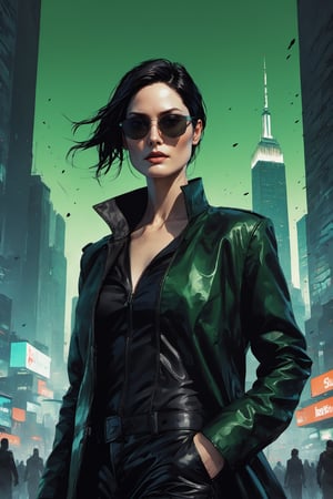 Highly detailed and hyper-realistic painting portrait of (Trinity:1.6) from The Matrix, (performed by an identical Carrie-Anne Moss lookalike:1.7), young face, (holding a gun:1.1), (an ankle-grazing leather coat worn on top of a body-encasing black vinyl top and pants, sunglasses with oval lenses:1.2), standing in a city station with green raining Matrix code. BREAK (aggressive and provocative expression:1.3), tough pose, (front view:1.4), looking at the viewer, (wearing dark sunglasses:1.4), BREAK vaporwave aesthetics, (upper body shot:1.2), greenish Matrix visual tone, (dark atmosphere and dull colors:1.2), eye level, subway station at night in the background, BREAK muted colours, (extremely realistic and accurate:1.4), league of legends, BREAK muted colours, octane render, intricate, ultra-realistic, elegant, highly detailed, digital painting, artstation, concept art, smooth, sharp focus, illustration, by ilya kuvshinov and krenz cushart, three-quarters view, sharp hard lines, brush strokes, watercolor, oil painting, ink panting, style by Agnes Cecile, Alberto Seveso, Anna Bocek, Carne Griffiths, Charlie Bowater, ink, more detail XL, ink , Comic Book-Style 2d,scary