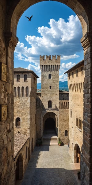 (Documentary photograph:1.3) of a wonderful (medieval castle in Italy:1.4), 14th century, (golden ratio:1.3), (medieval architecture:1.3),(mullioned windows:1.3),(stone wall:1.1), (3 cylindrical towers:1.3), overlooking the town, golden hour, intense blue sky with imposing cumulonimbus clouds. BREAK shot on Canon EOS 5D, (bird's eye view:1.3), Fujicolor Pro film, vignette, highest quality, original shot. BREAK Front view, well-lit, (perfect focus:1.2), award winning, detailed and intricate, masterpiece, itacstl,real_booster,,Architectural100,amazing shot