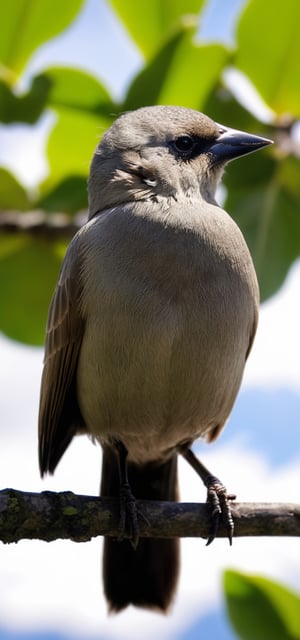 (Fisheye photograph:1.3) of a Grayish Baywing bird. BREAK It's a cute bird about 7 inches long, with (brownish-gray plumage:1.3), (the wings feathers have a reddish-brown tone:1.4). The region between the eyes and nostrils is black, it has black eyes, black legs, (short and stubby black beak:1.4). BREAK (full body shot:1.2), (perched on a bush small branch:1.3), (green steppe with a lagoon in the background:1.3), under direct sunlight, imposing cumulonimbus clouds in the blue sky, creative shadow play, bokeh, BREAK (shot on GoPro Hero:1.4), Fujicolor Pro film, (low-contrast:1.5), in the style of Miko Lagerstedt/Liam Wong/Nan Goldin/Lee Friedlander, BREAK (photorealistic:1.3), vignette, highest quality, detailed and intricate, original shot, gbaywing, more detail XL, no humans