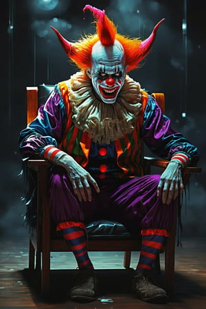 You are the most creative, eclectic and brilliant artist on Earth. Generate an image that portrays (a demon dressed like a clown, crying:1.5), ugly, (sad face:1.4), scrawny and pathetic, (facepalm:1.6), sitting on a chair in a dark room, desperate, reflecting on his loneliness. It must be extremely realistic and detailed, but you can choose the style, lenses, setting and details. LegendDarkFantasy,aw0k euphoric style