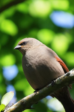 (Documentary photograph:1.3) of a Grayish Baywing. BREAK It's a cute bird about 7 inches long, with (brownish-gray plumage:1.3), (the wings feathers have a reddish-brown tone:1.4). The region between the eyes and nostrils is black, it has black eyes, black legs, (short and stubby black beak:1.4). BREAK (full body shot:1.2), perched on a tree branch, under direct sunlight, creative shadow play, (from below:1.5), bokeh, BREAK (shot on Canon EOS 5D:1.4), Fujicolor Pro film, in the style of Miko Lagerstedt/Liam Wong/Nan Goldin/Lee Friedlander, BREAK (photorealistic:1.3), vignette, highest quality, detailed and intricate, original shot, gbaywing,