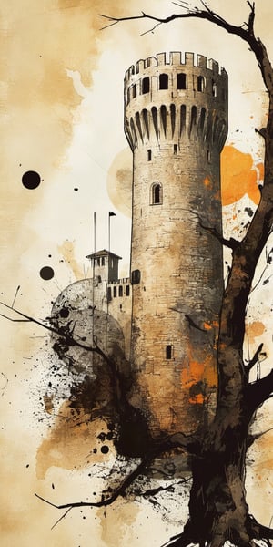 (An amazing and captivating abstract illustration:1.4), Medieval Italian Castle:1.3), architecture focus, 14th century, (golden ratio:1.3), (medieval architecture:1.3),(mullioned windows:1.3),(stone wall:1.1), (cylindrical tower:1.3). BREAK castle, no humans, (grunge style:1.1), (frutiger style:1.3), (colorful:1.3), (2004 aesthetics:1.2). BREAK (beautiful vector shapes:1.3), clouds, (tree branches:1.2), circles, (no text:1.4), swirls, (catchy background:1.3). BREAK highest quality, sharp details, muted colors, detailed and intricate, original artwork, trendy, (vintage:1.1), award-winning, artint, SFW,comic book,graffitiXL,ink,itacstl,PoP art