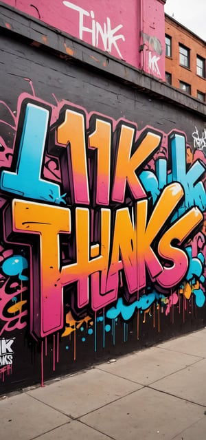 A graffiti wall with (the text "11K THANKS":1.7) written in bold letters with spray tint, inspired by Banksy,  miraculous,  aerosol art,  (triadic colors:1.2),comic book,masterpiece,Text,graffitiXL