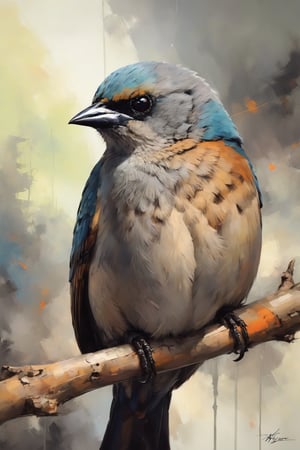 Highly detailed and hyper-realistic painting portrait of (a Grayish Baywing:1.4). BREAK It's a cute bird about 7 inches long,  with (brownish-gray plumage:1.3),  (the wings feathers have a reddish-brown tone:1.4). The region between the eyes and nostrils is black,  it has black eyes,  black legs,  (short and stubby black beak:1.4). BREAK (full body shot:1.2),  perched on a tree branch,  under direct sunlight,  creative shadow play,  from above,  bokeh,  BREAK vaporwave aesthetics,  neon punk blue visual tone,  (dark atmosphere and dull colors:1.2),  eye level,  BREAK muted colours,  (extremely realistic and accurate:1.4),  league of legends,  BREAK octane render,  intricate,  ultra-realistic,  elegant,  highly detailed,  digital painting,  artstation,  concept art,  smooth,  sharp focus,  illustration,  by ilya kuvshinov and krenz cushart,  three-quarters view,  sharp hard lines,  brush strokes,  watercolor,  oil painting,  ink panting,  style by Agnes Cecile,  Alberto Seveso,  Anna Bocek,  Carne Griffiths,  Charlie Bowater,  ink,  Comic Book-Style 2d,  detailmaster2,  street art,  graffiti, gbaywing,Comic Book-Style 2d,2d
