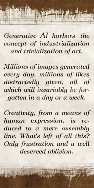 The text "GENERATIVE AI HARBORS THE CONCEPT OF INDUSTRIALIZATION AND TRIVIALIZATION OF ART. MILLIONS OF IMAGES GENERATED EVERY DAY, MILLIONS OF LIKES DISTRACTEDLY GIVEN, ALL OF WHICH WILL INVARIABLY BE FORGOTTEN IN A DAY OR A WEEK. CREATIVITY, FROM A MEANS OF HUMAN EXPRESSION, IS REDUCED TO A MERE ASSEMBLY LINE. WHAT'S LEFT OF ALL THIS? ONLY FRUSTRATION AND A WELL DESERVED OBLIVION" written on old paper with worn and scorched edges., (photorealistic:1.3), highest quality, detailed and intricate, original shot,