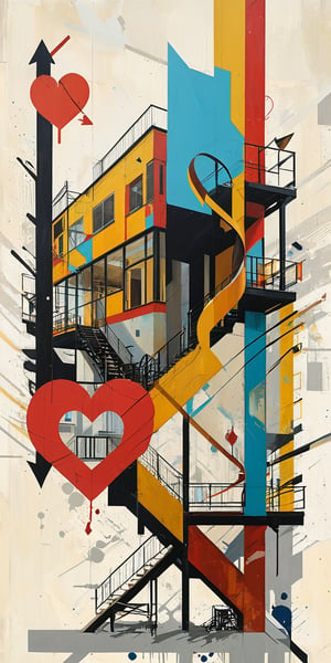 (An amazing and captivating abstract illustration:1.4), modern architecture ((abstract painting:1.3)) in the style of David Schnell, oil on canvas, Leipzig School, colorful geometric landscape, renaissance perspective, ((wireframe deconstructionism:1.4)), (abstract glass house in foreground:1.3) (deconstructivism:1.2), architecture focus, (grunge style:1.2), (frutiger style:1.4), (colorful and minimalistic:1.3), (2004 aesthetics:1.2),(beautiful vector shapes:1.3), with (no text:1.2), text block. BREAK swirls, x \(symbol\), arrow \(symbol\), heart \(symbol\), floorboards, bleachers, architectural elements, industrial complex, straight lines, gradient background, sharp details, oversaturated. BREAK by Barnaby Furnas, Jules de Balincourt, Neo Rauch, highest quality, detailed and intricate, original artwork, trendy, mixed media, vector art, vintage, award-winning, artint, SFW,LW,stacked,night city